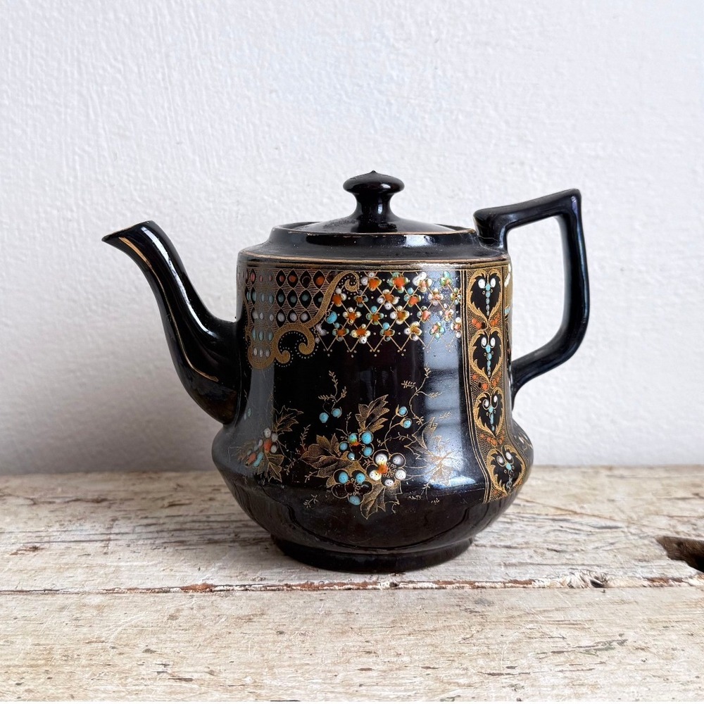 Vintage Price Bros England M&M No 8 Black Moriage Floral Teapot Gold Gilt CSGC